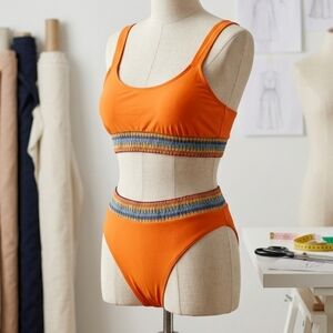 Women's Orange Two-Piece Swim Set with Rainbow Elastic Trim